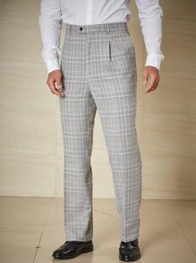 Calvornis Men Plus Plaid Print Slant Pocket Suit Pants - Light Grey - View 4