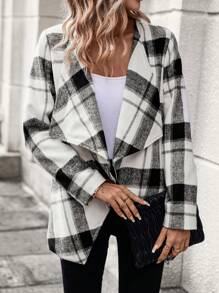 SHEIN LUNE Plaid Print Waterfall Collar Open Front Coat - Multicolor - View 3