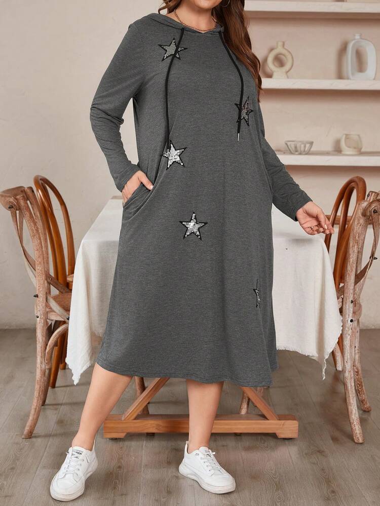 Plus Size Sparkly Star Patched Drawstring Hoodie Dress