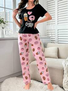 Donut & Slogan Graphic Tee & Pants PJ Set / Pajama Set - Multicolor - View 4