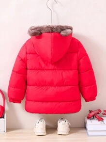 Young Boy Reversible Zipper Up 3D Ears Hooded Padded Coat - Red - View 2