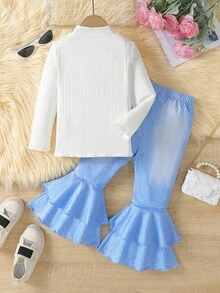 SHEIN Cô Gái Trẻ Cổ giả Áo thun & Quần ống loe - Xanh và trắng - Xem 2