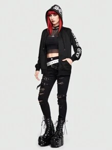 ROMWE Grunge Punk Của phụ nữ Áo nỉ có mũ Với Vượt qua In - màu đen - Xem 1