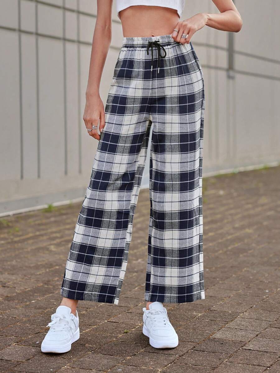 SHEIN EZwear 格紋印花腰部抽繩長褲 - 藍白色 - 查看 1