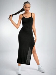 SHEIN Essnce Adjustable Strap Split Thigh Cami Dress - Black - View 6
