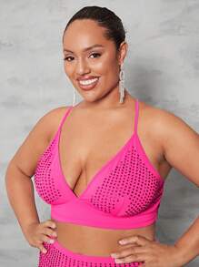 SHEIN BAE Plus Rhinestone Detail Cami Top & Bodycon Skirt - Hot Pink - View 5