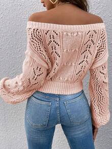 SHEIN Essnce Off Shoulder Lantern Sleeve Pointelle Knit Crop Sweater - Pink - View 2