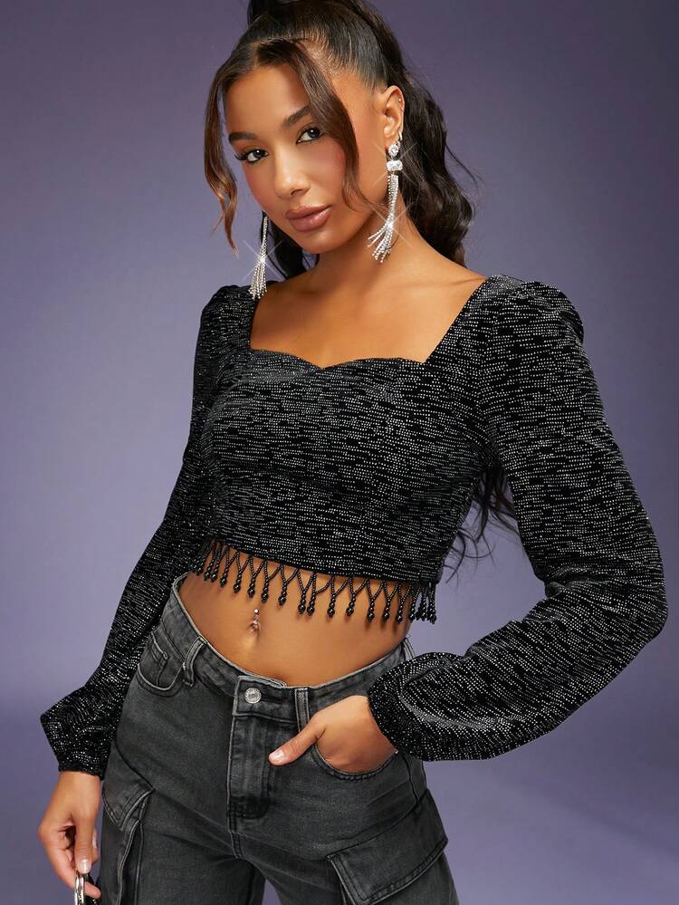 Beaded Fringe Hem Glitter Crop Top