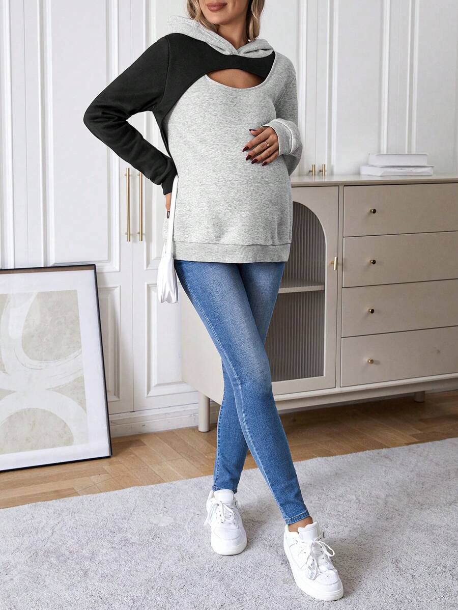 SHEIN Maternity Two Tone Cut Out Sweatshirt, For Winter - Grey - View 1