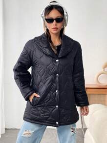 SHEIN Unity Shawl Collar Slant Pocket Quilted Padded Coat Clothes Winter - Black - View 6