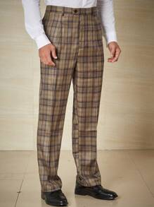Calvornis Men Plus Plaid Print Slant Pocket Suit Pants - Bronze - View 4