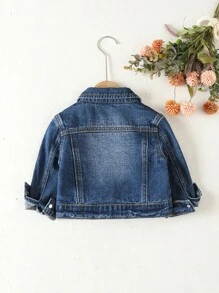 SHEIN Bebé niña 1 pieza Cazadora mezclilla desgarro con bolsillo con solapa - Azul lavado medio - Ver 2