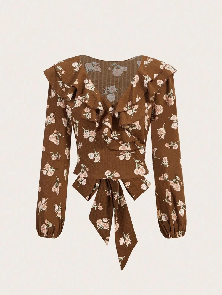 Floral Print Ruffle Trim Tie Back Blouse