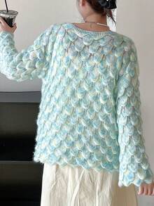Floral Decor Drop Shoulder Oversized Sweater - Blue - View 2