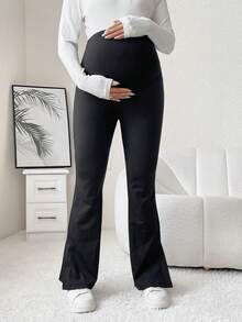 SHEIN Maternity Adjustable Waist Split Hem Flare Leg Pants - Black - View 5