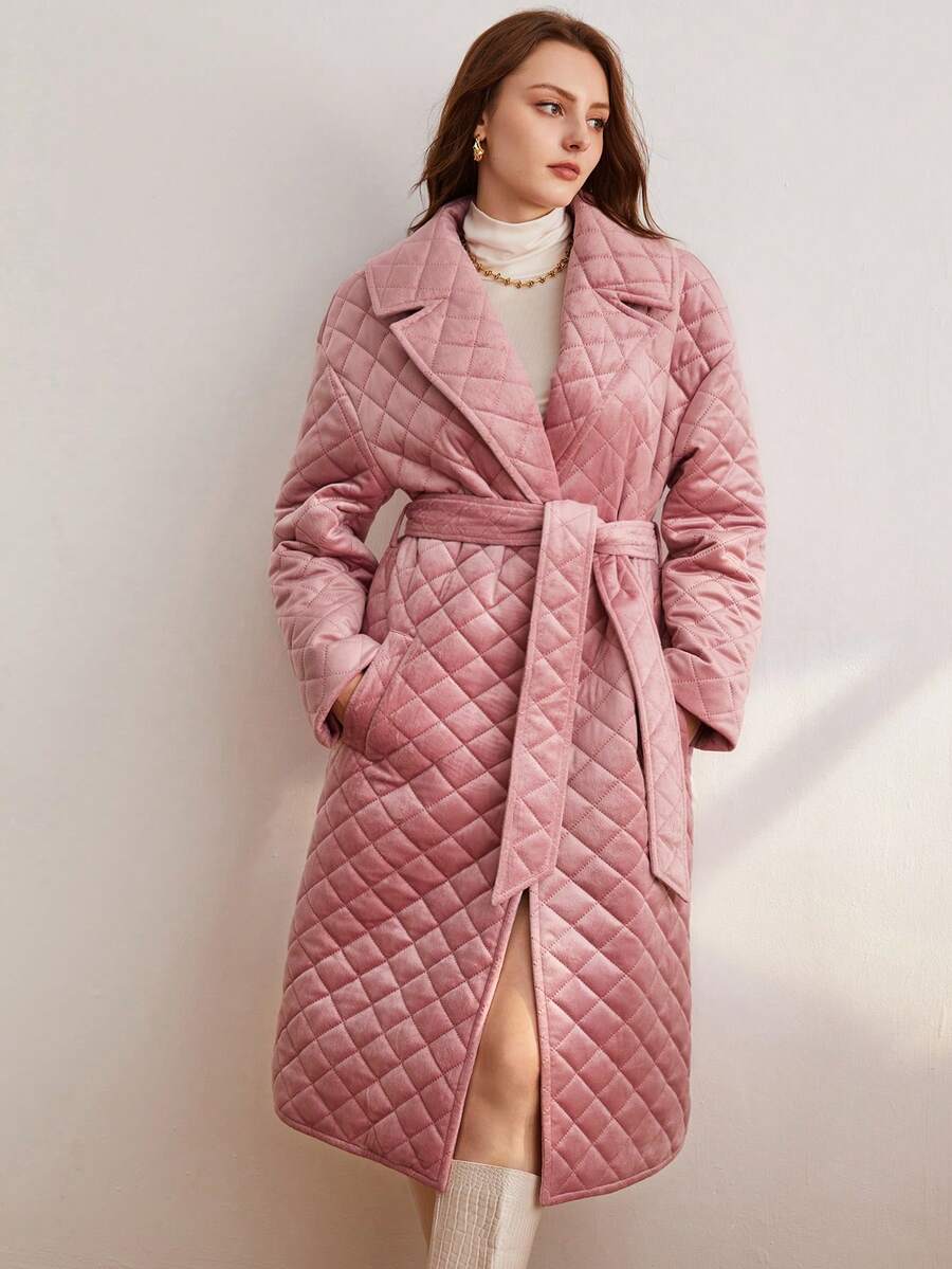 BizChic Lapel Neck Drop Shoulder Quilted Coat - Baby Pink - View 1