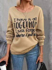 SHEIN LUNE Slogan Graphic Drop Shoulder Sweatshirt Pullover Fall Sweatshirt - Khaki - View 3