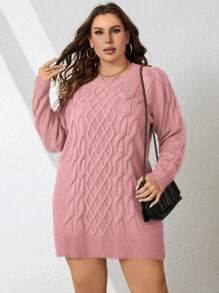 Calvaya Talla grande Vestido de punto tejido de cable de manga raglán - Rosa - Ver 4