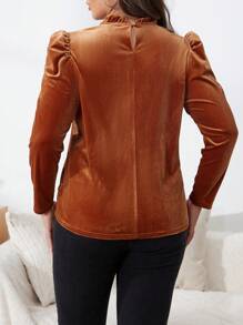 Flirla Talla grande Camiseta de cuello con fruncido de manga farol de terciopelo - Camel - Ver 3