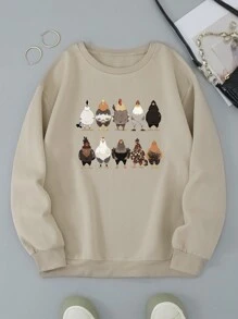 INAWLY 鸡印花落肩卫衣，长袖上衣 - 卡其色 - 查看 3