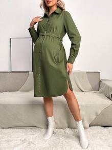 SHEIN 孕婦素色腰帶襯衫洋裝 - 軍綠色 - 查看 1