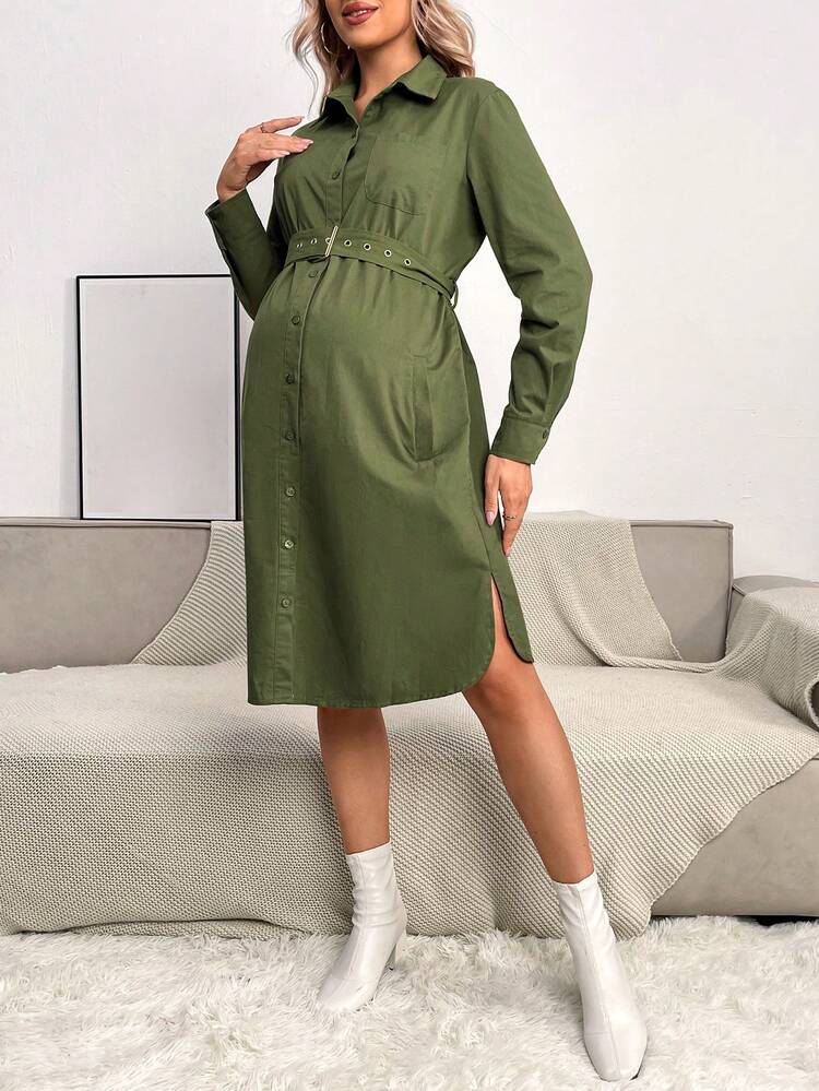 Maternity Solid Belted Shirt Dress