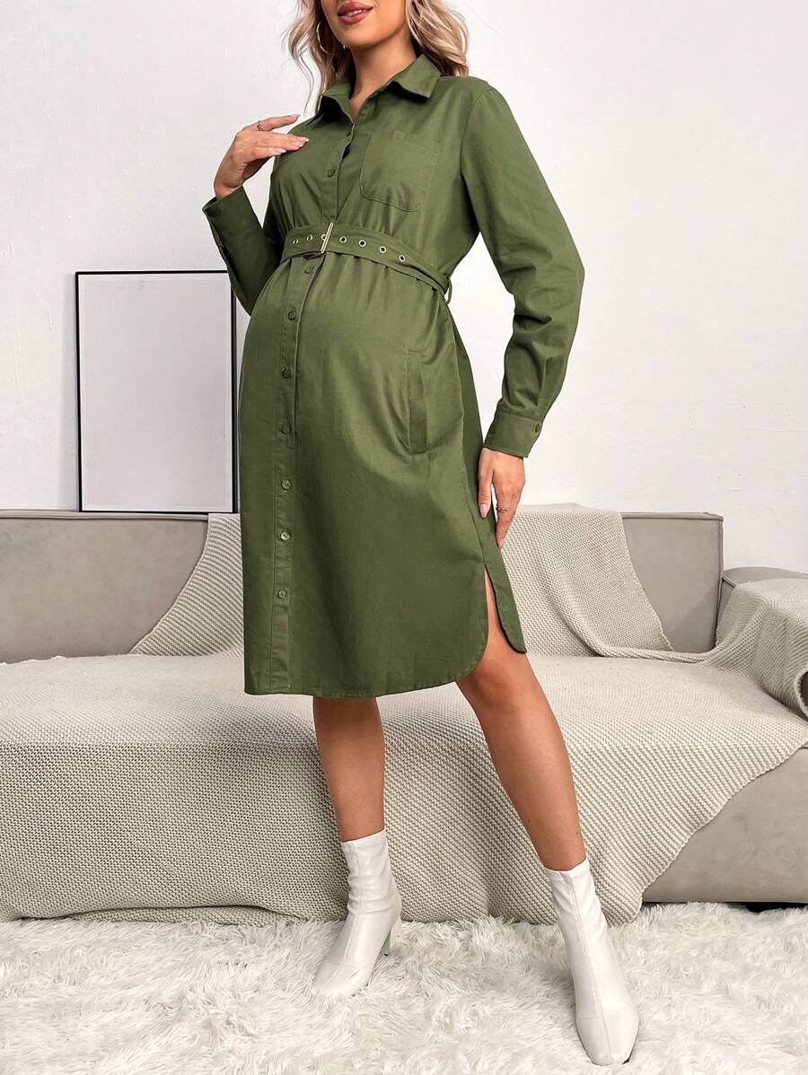 SHEIN 孕婦素色腰帶襯衫洋裝 - 軍綠色 - 查看 1