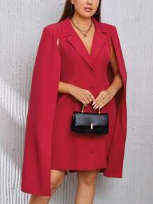 SHEIN Privé 大碼斗篷袖單排釦西裝洋裝 - 酒紅色 - 查看 6