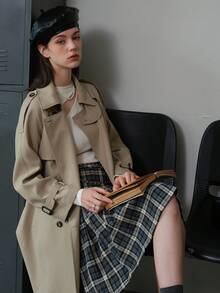 Tay Raglan Đôi ngực Thắt lưng Áo khoác Trench - Màu Khaki - Xem 3