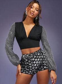 Hauture Top Corto De Malla Metálica Con Mangas Abullonadas Tipo Linterna - Negro - Ver 6