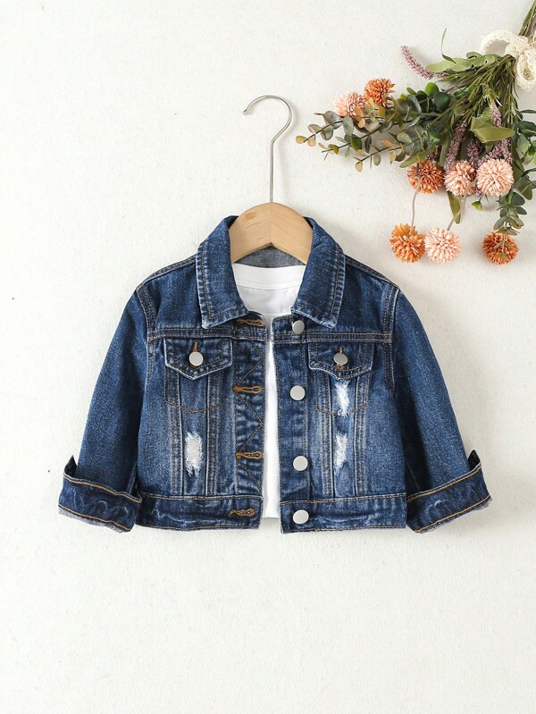 SHEIN Playful Pals Bebé niña 1 pieza Cazadora mezclilla desgarro con bolsillo con solapa