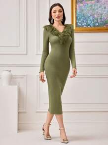 Modelyn Fuzzy Trim Bodycon Sweater Dress Fall Cloth For Women - Army Green - View 4