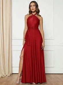 SHEIN Belle 高衩側垂繞頸露背正式洋裝 - 酒紅色 - 查看 1