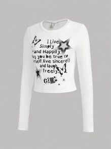 SHEIN Thiếu niên Cô gái Vòng cổ Chữ & Bướm Mẫu Tay áo dài Áo thun - trắng - Xem 5