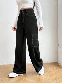 SHEIN Unity Pantalones de pierna ancha con puntada - Negro - Ver 1