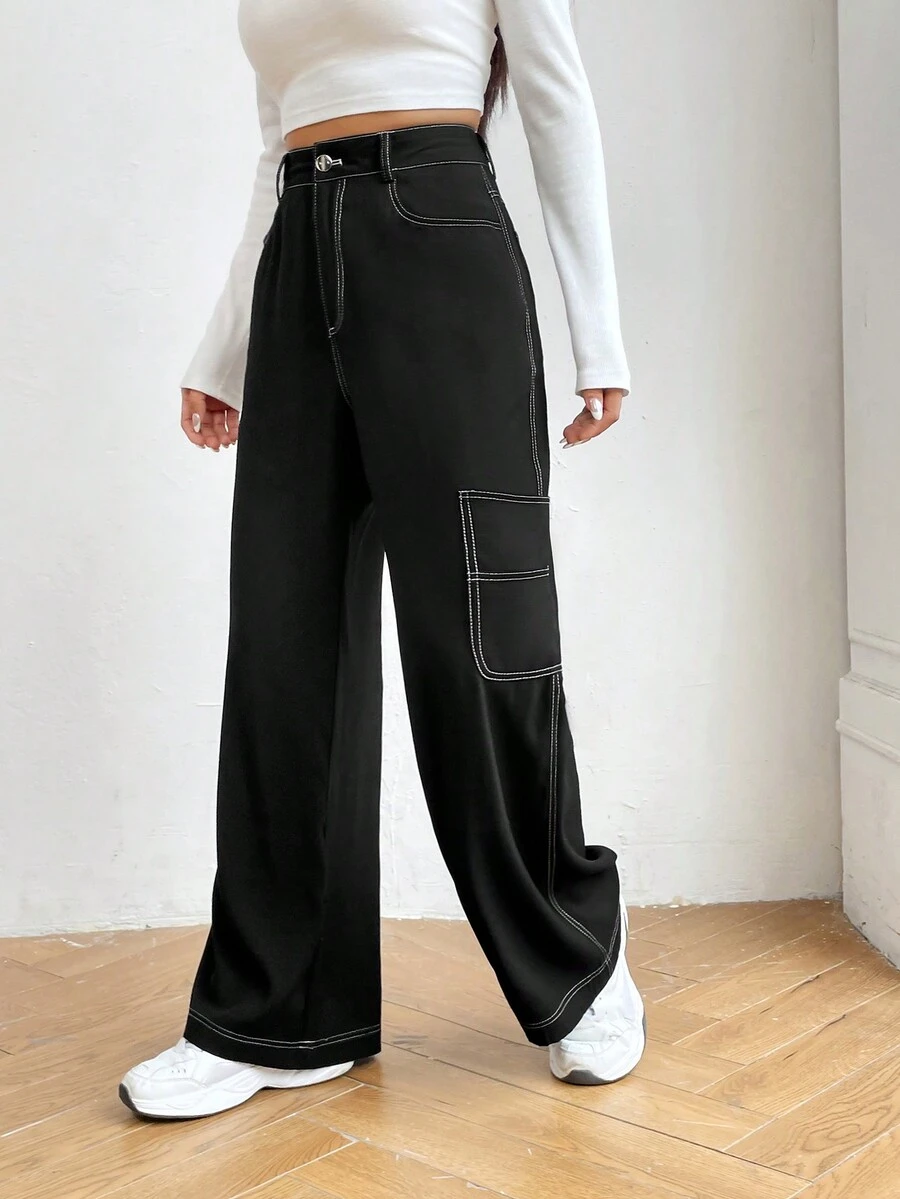 SHEIN Unity Pantalones de pierna ancha con puntada - Negro - Ver 1