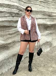 SHEIN Privé Plus Plaid Double Breasted Vest Tweed Jacket - Multicolor - View 6
