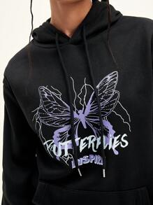 SHEIN EZwear Butterfly & Letter Graphic Hoodie - Black - View 5