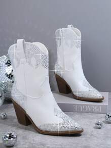 SHUZIA Giày bốt thời trang nữ mũi nhọn mũi nhọn Giày bốt cao bồi thời trang - trắng - Xem 6