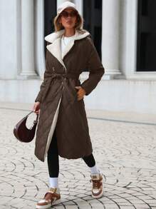 SHEIN Cottnline Women's Brown Fluffy Thermal Turn-down Collar Padded Coat - Chocolate Brown - View 3