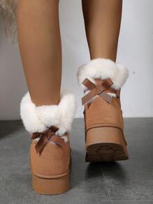 Women Bow Tie Back Thermal Lined Thick Bottom Mid-Calf Boots - Brown - View 2