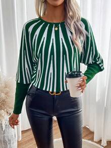 SHEIN LUNE 圖形圖案蝙蝠袖套頭毛衣 - 綠色 - 查看 6