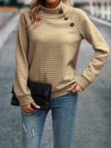 SHEIN Clasi Cổ giả Chi tiết Nút Tay Raglan Áo nỉ - Màu be - Xem 4