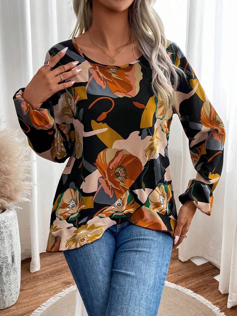SHEIN LUNE Floral Print Asymmetrical Hem Blouse - Multicolor - View 1
