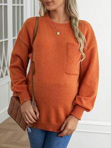 SHEIN Maternity Drop Shoulder Patchwork Pocket Sweater - Burnt Orange - View 2