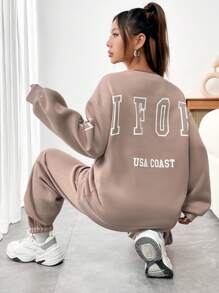 SHEIN Unity Letter Graphic Drop Shoulder Sweatshirt & Sweatpants - Dusty Pink - View 2