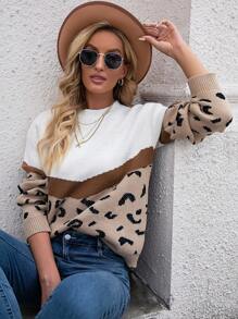 EMERY ROSE 豹紋圖案撞色落肩袖套頭毛衣 - 彩色 - 查看 7