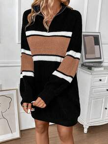 SHEIN Clasi Khối màu Khóa kéo một phần tư Thả vai Đầm Áo len - Nhiều màu - Xem 5