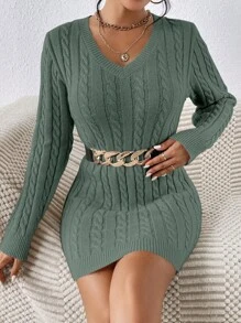 SHEIN Frenchy Solid Color Cable Knitted Woolen Sweater Dress Without Belt - Green - View 1