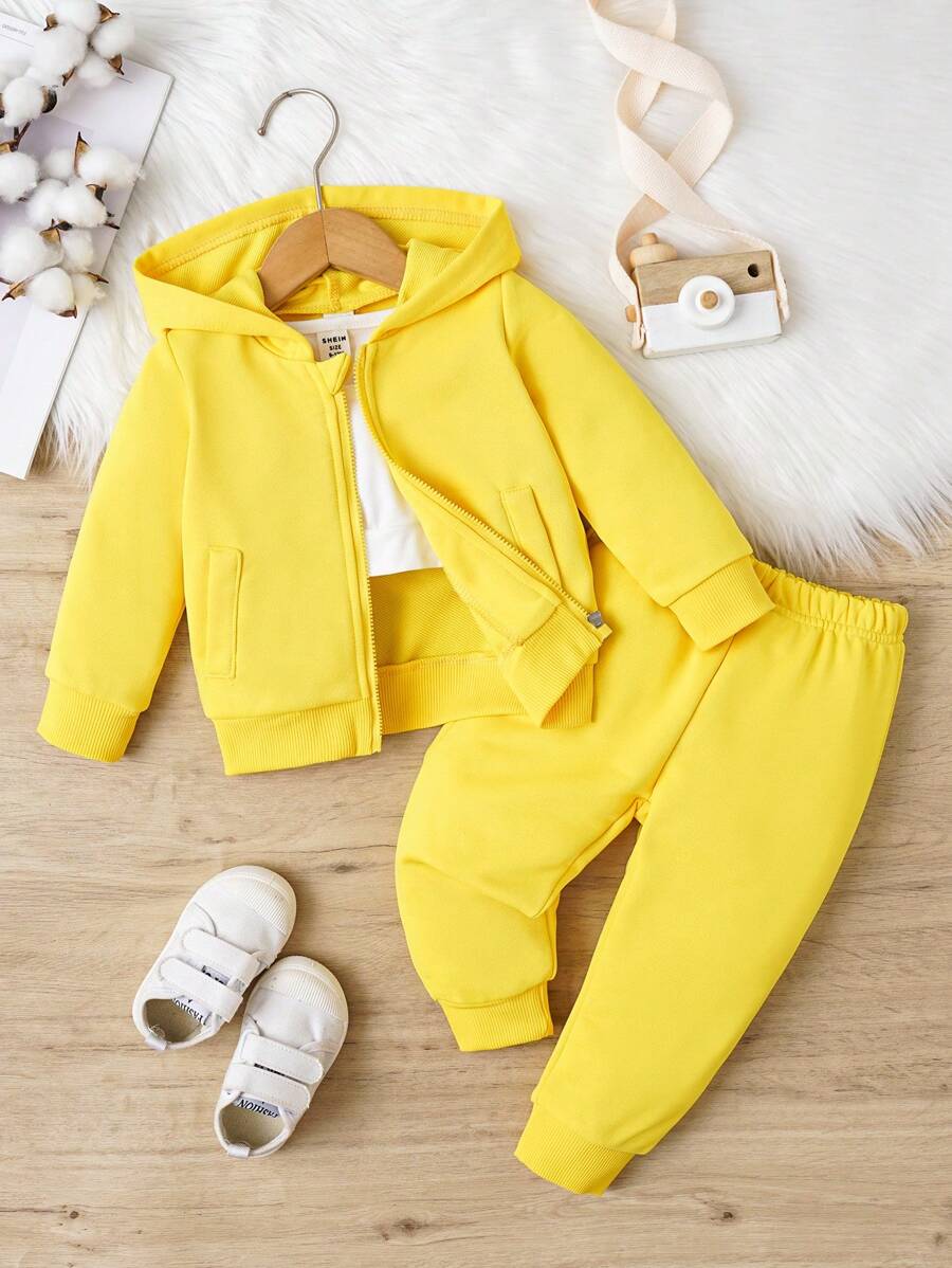Baby Girl Solid Top & Zip Up Hoodie & Sweatpants